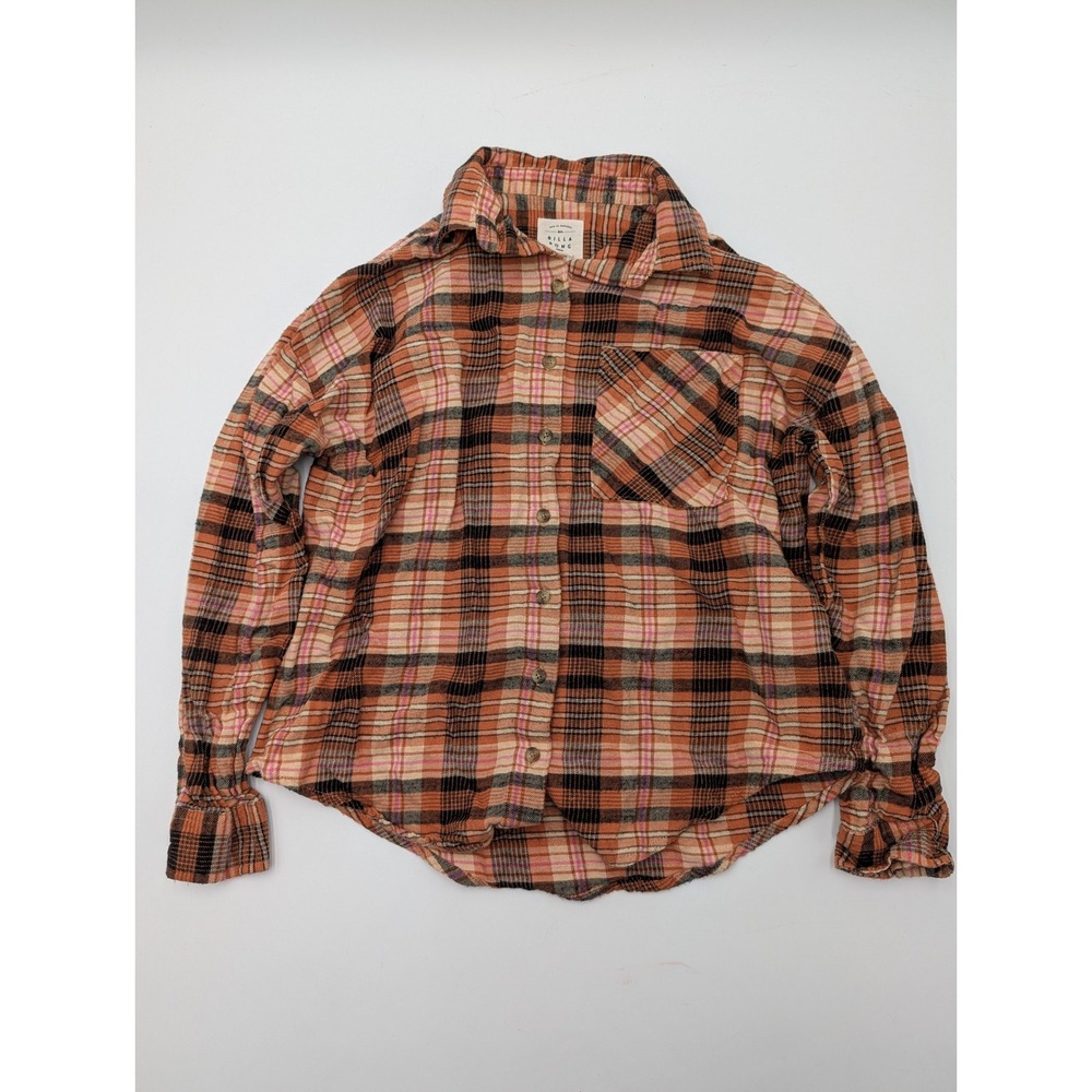 Billabong Plaid Flannel Button Down Shirt Orange Black Pink Size Small‎